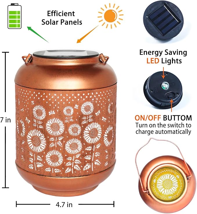 2 Pack Sunflower Solar Lanterns Outdoor Waterproof Hanging Solar Lights Sunflower Gifts for Women Men Mom Metal Decorative LED Outdoor Lanterns for Patio,Lawn,Landscape, Garden Decor, Yard Decoration