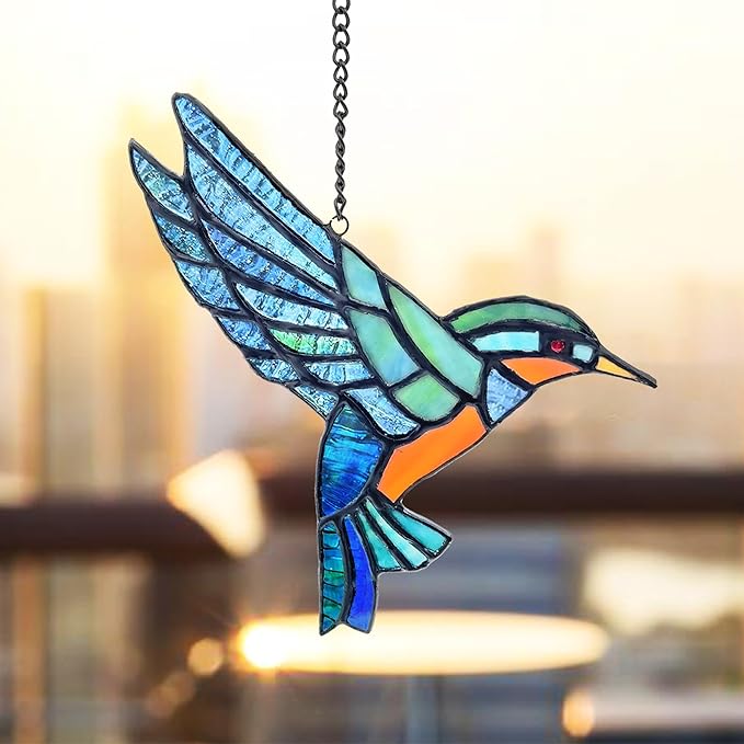 Royxen 2 Pack Hummingbird Stained Glass Window Hangings Handmade Bird Sun Catcher for Home Window