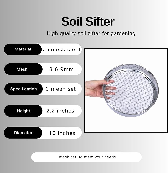 Soil Sifter Stainless Steel Set with 3 Sieve Mesh for Garden