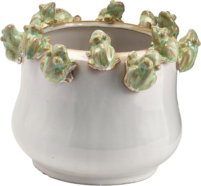 Creative Co-Op Stoneware Planter with Frog Figurine Rim, Multicolor