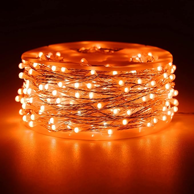 RUICHEN Orange Dimmable Fairy Lights Plug in, 99 Ft 300 LED Twinkle String Lights with Remote, Waterproof Silver Wire Firefly Lights for Bedroom, Patio, Yard, Christmas, Halloween, Party