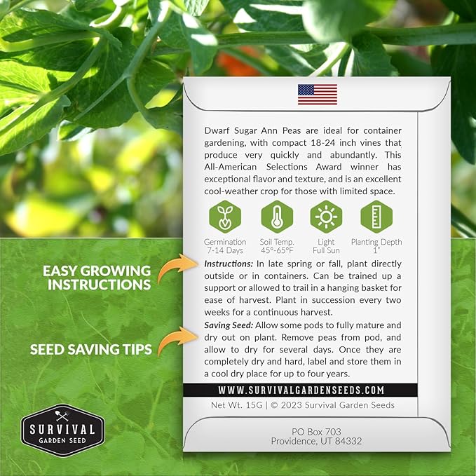 Sugar Ann Dwarf Pea Seed for Planting - 1 Packet with Instructions to Plant and Grow Sweet Snap Peas in Your Home Vegetable Garden - Non-GMO Heirloom Variety - Survival Garden Seeds