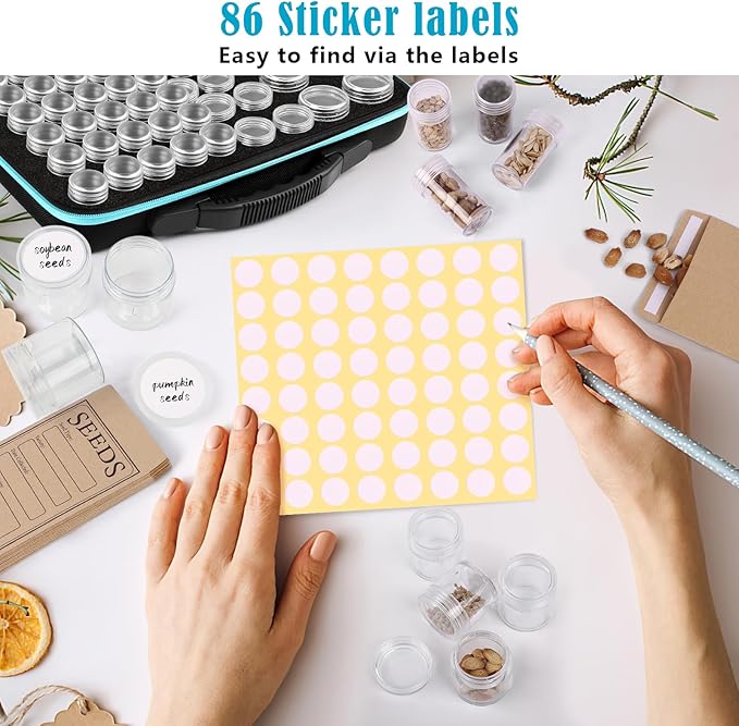 65 Slots Seed Storage Organizer with 20 Seed Envelopes, Sturdy Seed Organizer Box with Zipper Bag Label Stickers 3 Sizes Storage Bottles (Seeds not Included), Seed Storage Container for Flower Plants