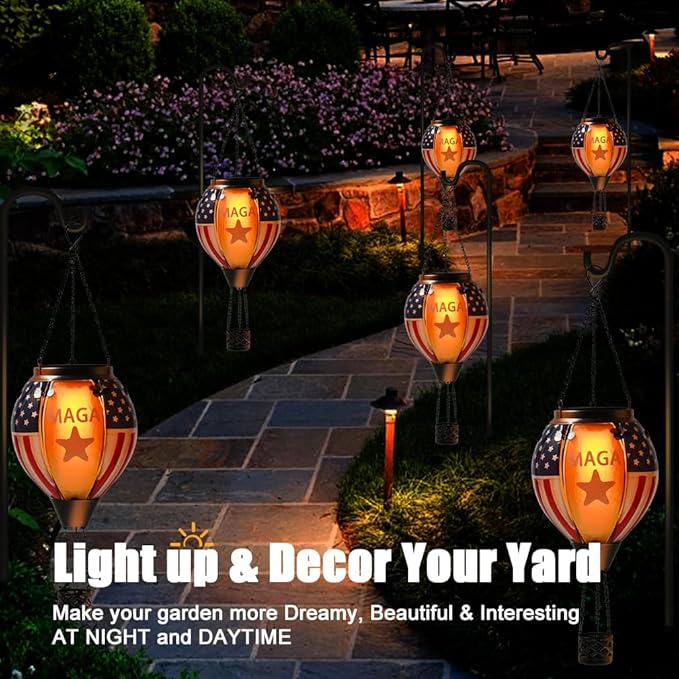 U.S Flag Hot Air Balloon Solar Lantern - MAGA Simulated Flickering Flame Stained Glass Light for Outdoor, Yard Hanging/ Waterproof IP65, Ideal 4th of July Gift for Patriot Veterans Patio Decor
