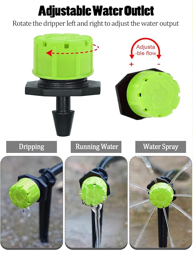 Kalolary 400Pcs Adjustable Irrigation Drippers Parts, 1/4 Inch Automatic Irrigation Anti-Clogging Emitters Micro Ffittings for 4mm/7mm Watering System Drippers Garden Supplies(Green)