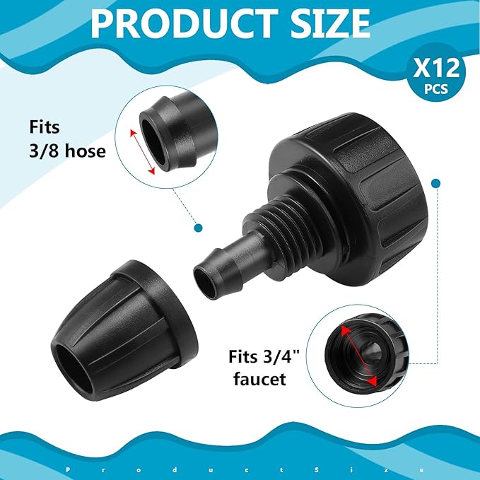 Retisee 12 Pcs 3/8 Inch Drip Irrigation Hose Connectors, 3/4" to 3/8" Drip Irrigation Adapter, Faucet to Hose Adapter, Plastic 3/4 Inch Garden Faucet Adapter with 12 Washers for Garden Irrigation