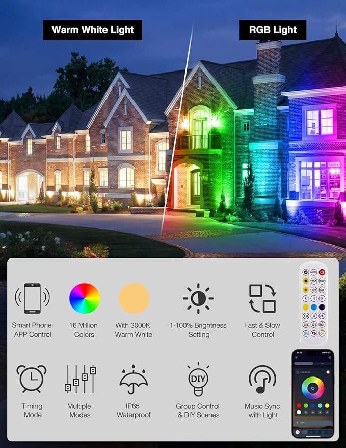 Spot Lights Outdoor, Smart RGBW LED Color Changing Landscape Lights with APP and Remote Control, Music Mode, DIY Scenes, Timing, IP65 Waterproof Spotlights Plug in for Yard Garden, 2 Pack