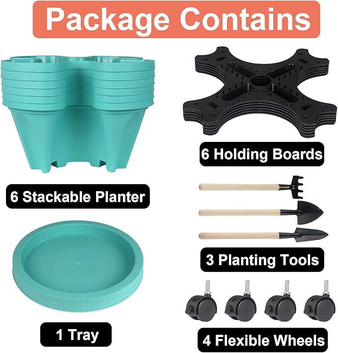Vertical Planter 6 Tier Stackable Planters Garden Planters Strawberry Herb Flower and Vegetable Planter Indoor Outdoor Gardening Pots with Removable Wheels and Tools