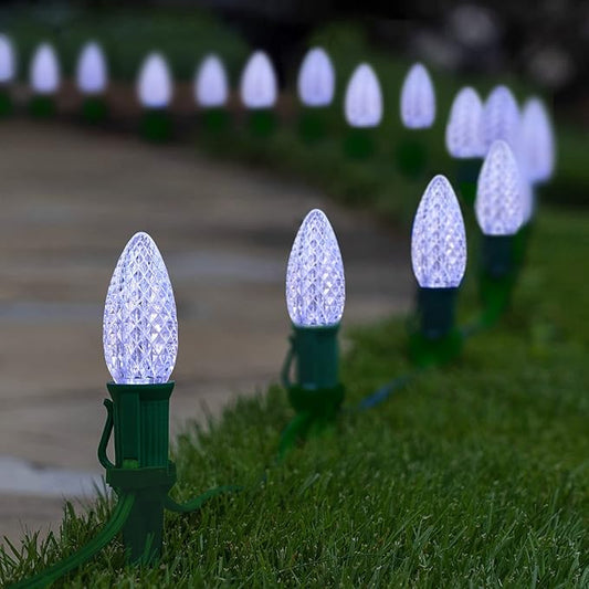 C9 Christmas Pathway Lights with Stakes,Cold White,30 Ft 20 Strawberry LED Bulbs,Connectable Shatterproof Outdoor Lights Marker for Xmas Yard Garden Path Lawn Walkway Sidewalk