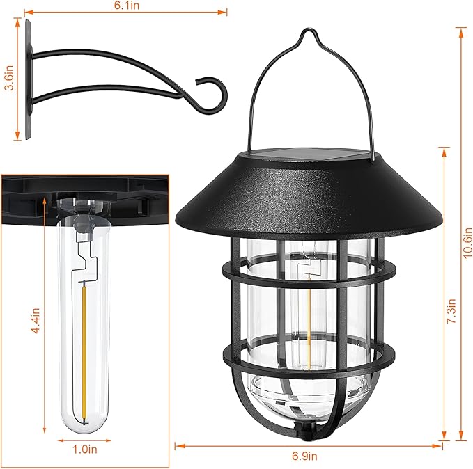 Solar Outdoor Hanging Lights, Waterproof Metal Solar Lanterns with Clear Glass, LED Edison Bulbs Decorative Wall Lanterns with Hooks, No Wiring Required, 2 Pack