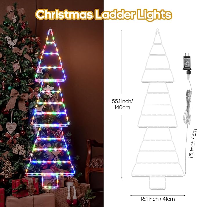 LED Christmas Lights Outdoor, 4.6ft Ladder Lights, Plug-in Christmas Tree Hanging Light, Waterproof 8 Light Modes Christmas Decoration for Indoor, Wall, Window, Garden - Multicolor