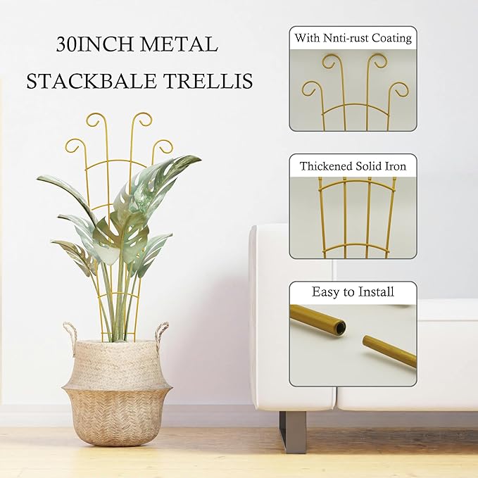 30 Inch Plant Trellis Indoor for Potted Plants 3 Pack Indoor Plant Trellis for Climbing Plants Stackable Houseplant Trellis Metal Garden Pot Trellis for Vine Ivy Support(30inch Gold)