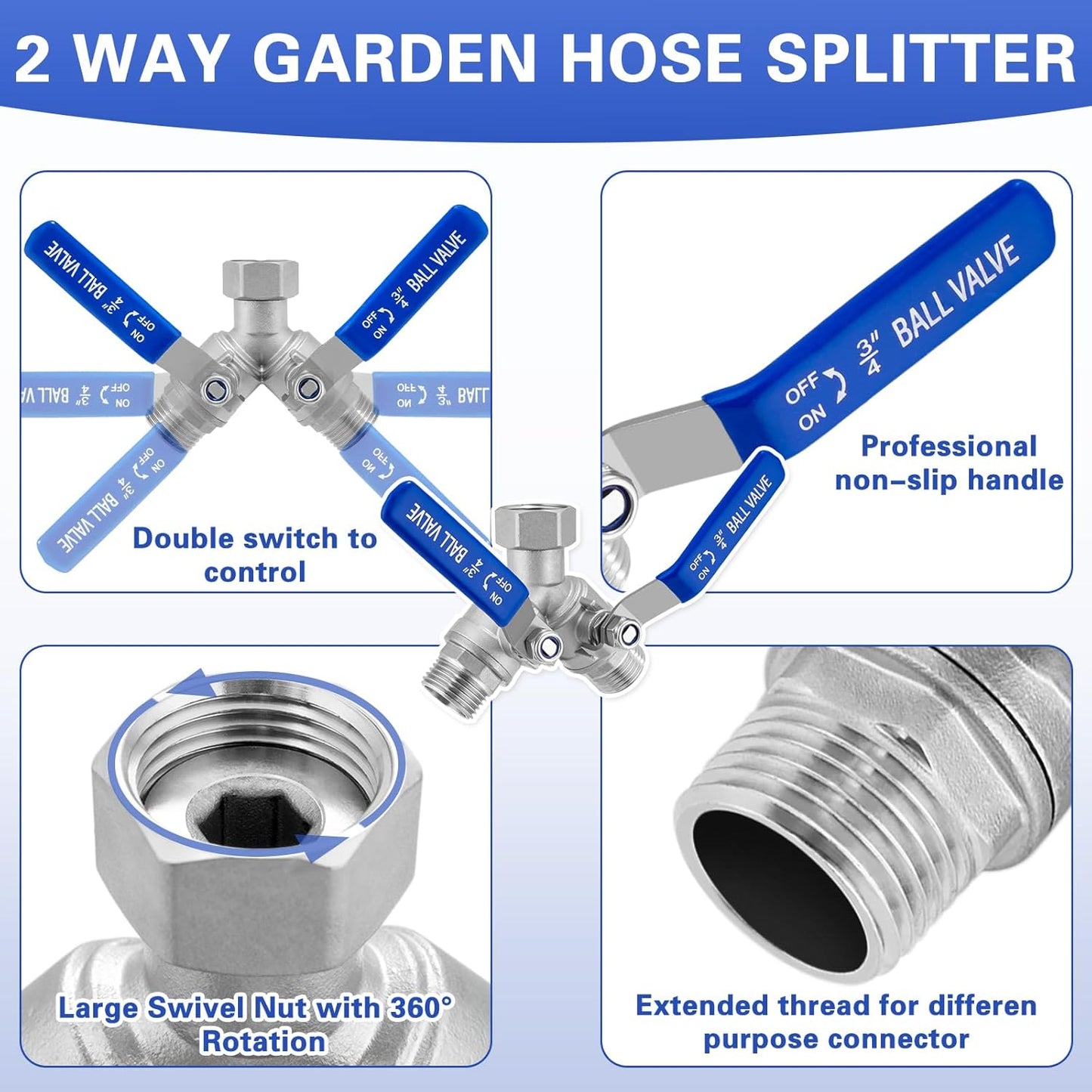 Garden Hose Splitter 2 Way Heavy Duty, 304 Stainless Steel Water Hose Splitter with Long Handle, Lead-free Y Water Garden Hose Splitter, 3/4" GHT Thread Full Flow 2 Way Water Hose Splitter
