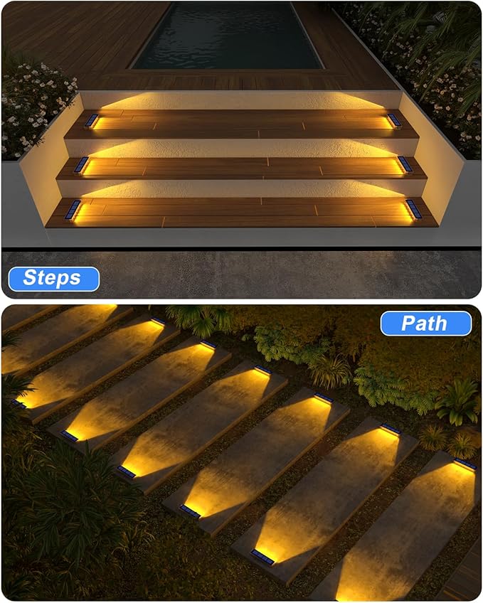 Solar Step Lights for Outside, 2 Pack Solar Stair Lights, Warm White Outdoor Deck Light Waterproof, Outdoor Light Solar Powered for Deck, Dock, Pathway, Porch, Path, Ground, Backyard