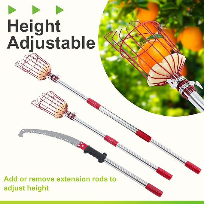 2-in-1 9 FT Pole Saw and Fruit Picker for Tree Trimming and Fruit Harvesting, SK5 Blade and High Carbon Steel Fruit Picker for Cutting High Branches and Fruit Grabber, Stainless Steel Pole