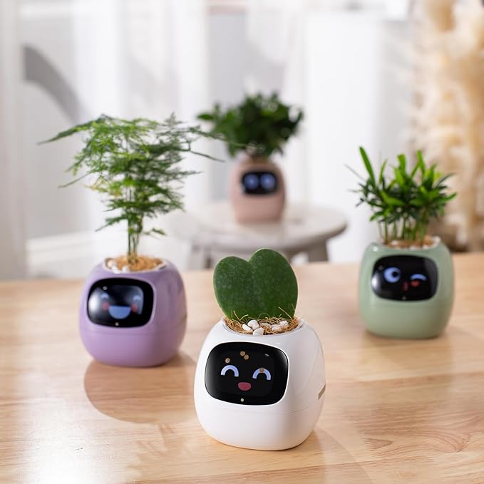 Smart pet Planter Robot Guidance on Plant Care with Emojis, Adorable Plant Companion with Rich Gesture Interaction, Neat Desk Setup Gift (White)