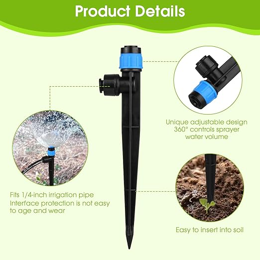60Pcs Drip Irrigation Emitters Fan Shape with Stake for 1/4 inch Irrigation Tube Hose, 360 Degree Water Flow Drippers for House Garden Watering System (Blue)