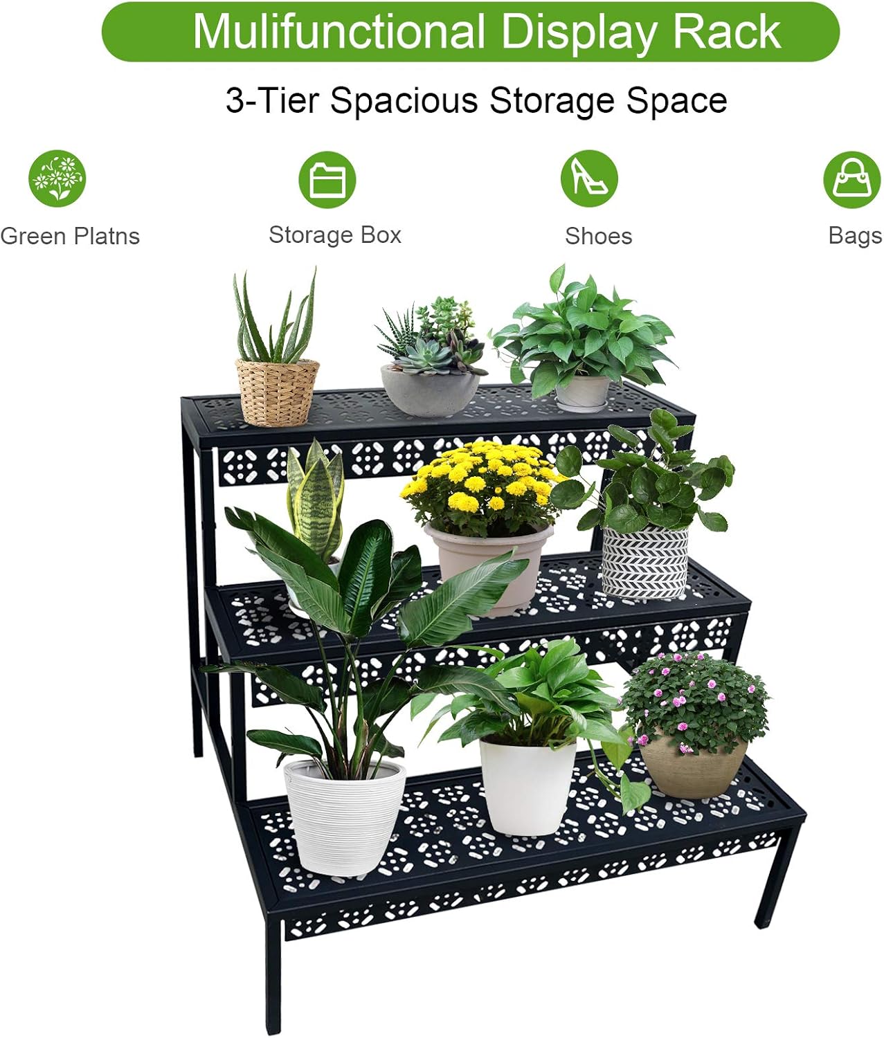 3 Tiers Metal Plant Stand,Rectangular Ladder Flower Pots Outdoor, Indoor Plant Display Rack, Heavy Duty Utility Storage Organizer for Home Garden Patio Balcony, Stair Style