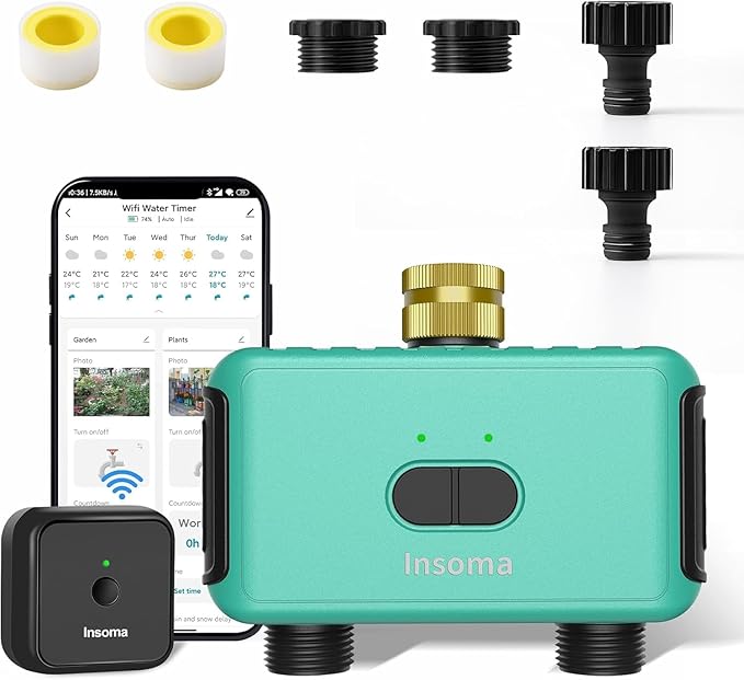 Smart Hose Watering Timer with Wi-Fi Hub, Automate Water & Sprinkler Schedules for Lawn, Garden, & Yard Care, Compatible with Alexa Green-Brass Inlet & Plastics Outlet (2-Outlet)