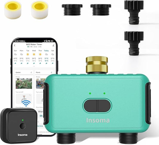 Smart Hose Watering Timer with Wi-Fi Hub, Automate Water & Sprinkler Schedules for Lawn, Garden, & Yard Care, Compatible with Alexa Green-Brass Inlet & Plastics Outlet (2-Outlet)