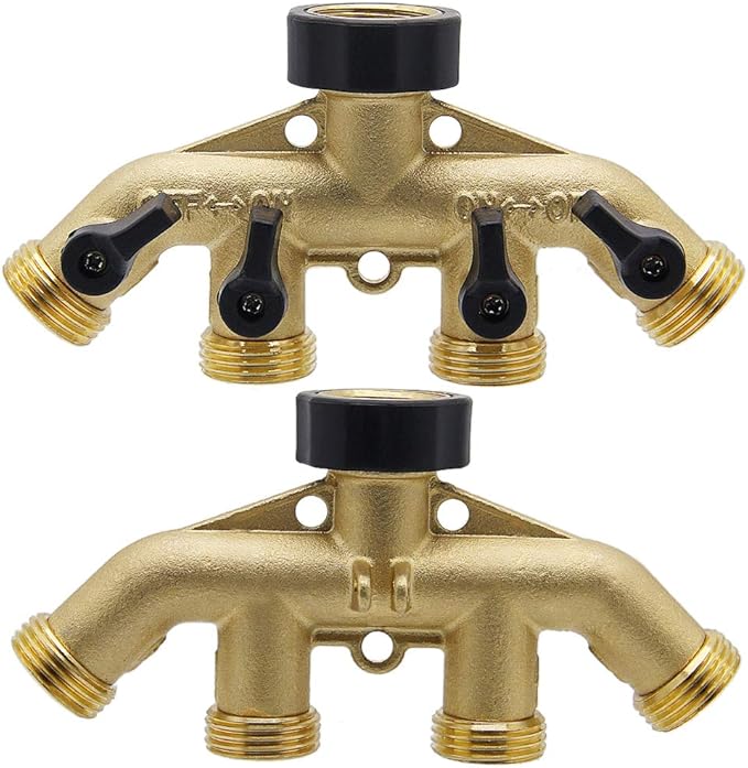 Twinkle Star 4 Way Heavy Duty Brass Garden Hose Splitter, Hose Connector 3/4", Hose Spigot Adapter with 4 Valves, Hose Bib Splitter, Outdoor Faucet Splitter, Water Spigot