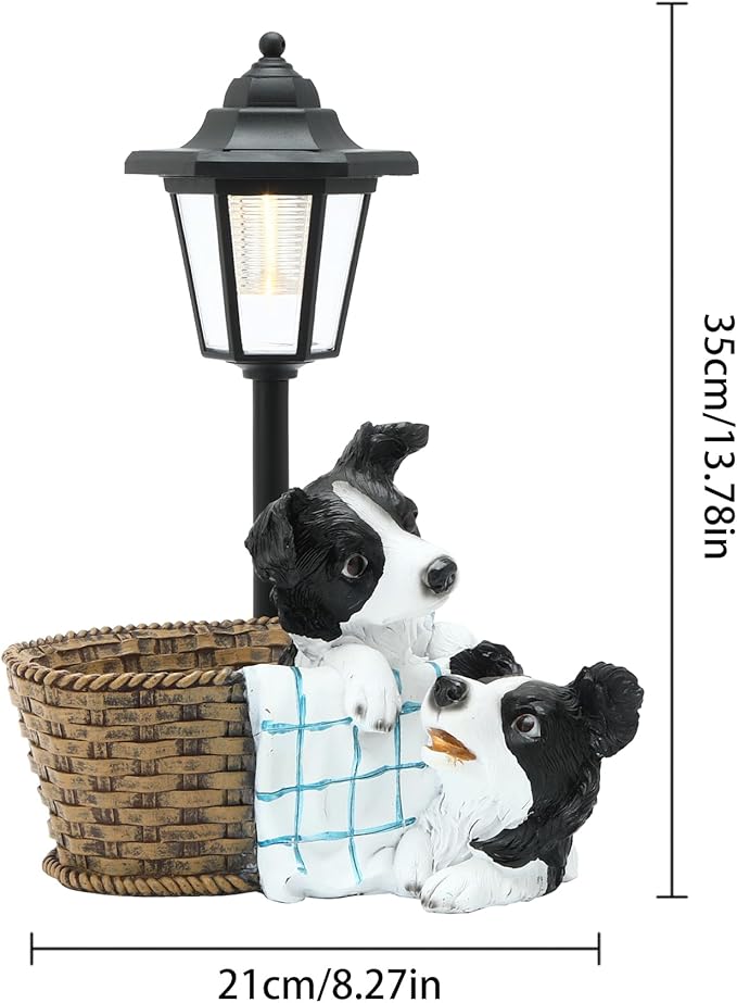 Solar Garden Outdoor Decor Statues Border Collies Resting in Basket with Light,Outside-Outdoor Decorations Sculptures for Patio Yard Lawn Walkway Ornaments Clearance Gifts for Mom Grandma Birthday