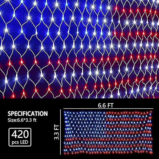 American Flag Light, 420 Super Bright LEDs Net Light Waterproof US for Independence Day July 4th, Yard, Garden Patio Yard Holiday Decoration