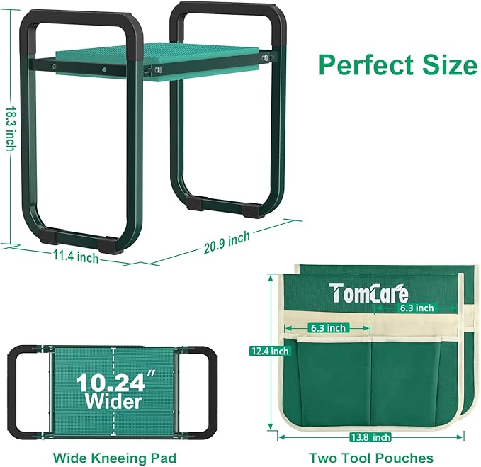 TomCare Garden Kneeler and Seat Upgraded 10.24" Wide Kneeling Pad Garden Bench with 2 Large Tool Bags Heavy Duty Garden Stool Foldable Garden Tools Gardening Gifts for Women Men Seniors Gardeners