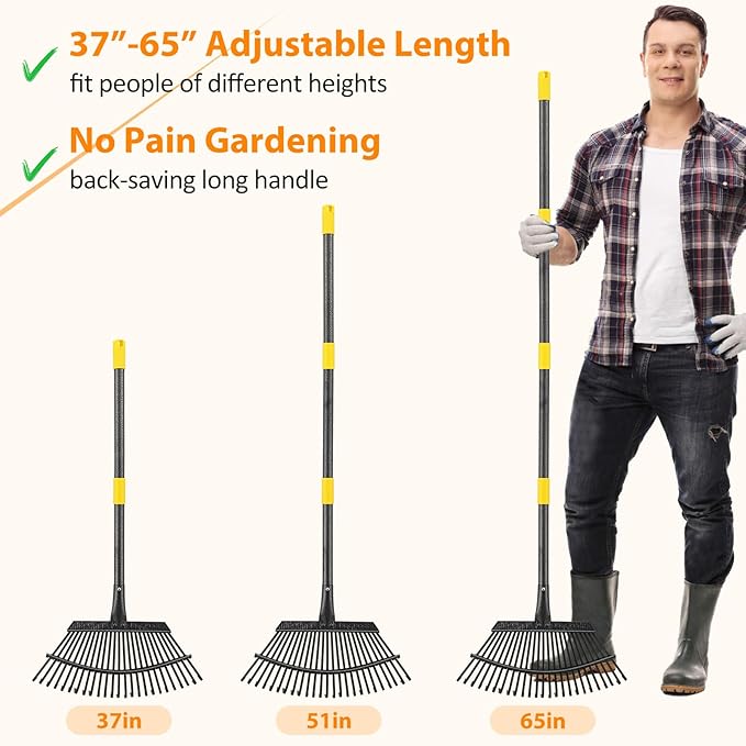 Rake, Garden Rake for Leaves, Heavy Duty Metal Leaf Rake with 37-65 inch Adjustable Steel Handle, 25 Tines 18" Wide Rake Garden Tools for Lawns Yard Flower Bed Grass Mulch Shrub Camping Gardening