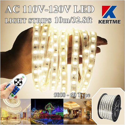 5050-60 Type AC 110-120V LED Strip Lights, Flexible/Waterproof/Dimmable/Multi-Modes LED Rope Light + 23 Keys Remote for Home/Garden/Building Decoration (32.8ft/10m, Natural White 4000K)