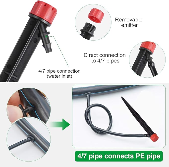 Kalolary 20PCS Drip Emitters for Irrigation, 1/4 Inch Drip Irrigation Emitters Parts 360 Degree Adjustable Water Flow Sprayer with Stake for 4/7mm Tube Micro Drippers System for Lawn Yard Pot (Red)