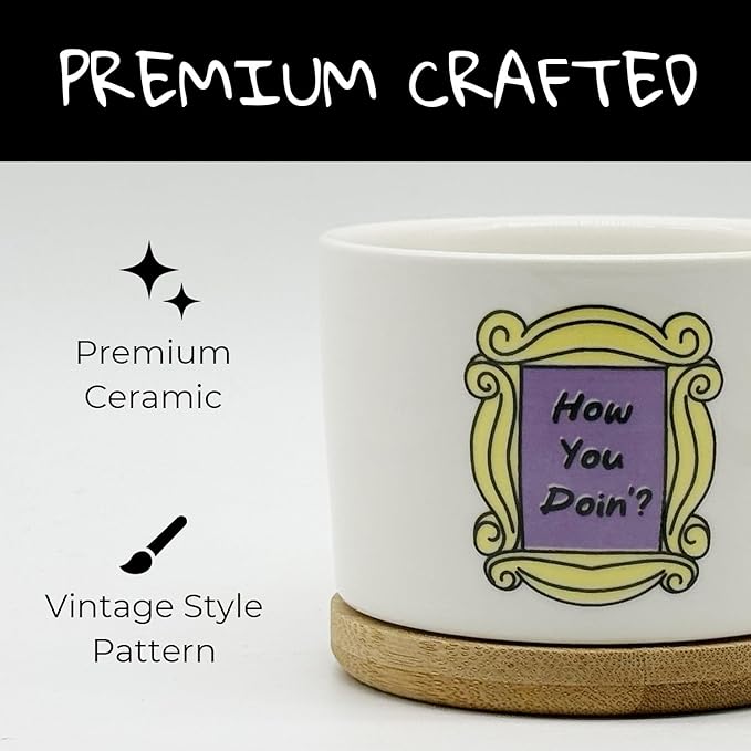 Friends TV Show Merchandise Gifts, 3 Pack Ceramic Succulent Pots, Vintage Style Patterns, 3.15 inch Succulent Planter Pots with Drainage Hole and Bamboo Saucer for Home Decor