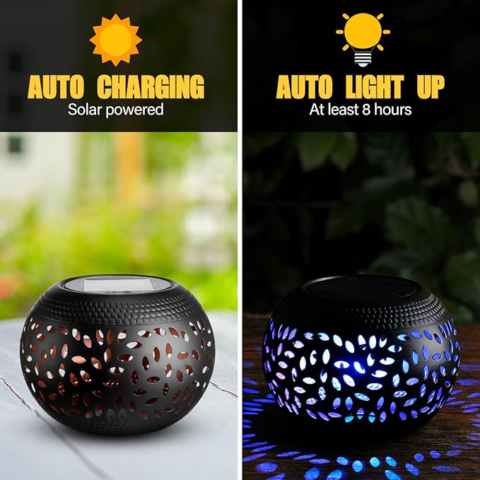 Reginary 2 Pcs Solar Table Lantern Outdoor Waterproof Dancing Flashing Flame 7 Color 2 Modes Metal Tabletop Light Desktop Decorative Lamp Auto On/Off Lighting for Patio Garden Pathway Yard (Black)