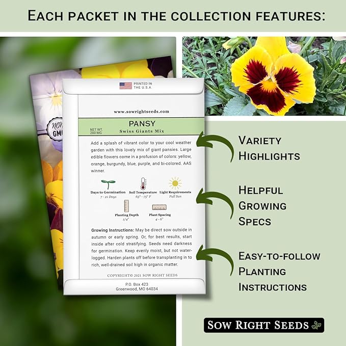 Sow Right Seeds - Frost Hardy Seed Collection for Planting - Pansies, Violets, Snapdragon, Ornamental Kale and Sweet Peas - Lovely Flowers for Spring & Fall Color - Non-GMO Heirloom with Instructions