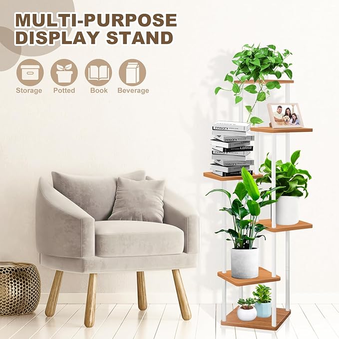 6 Tier Wood Tall Plant Stand Metal Rack Indoor, Multiple Flower Pot Holder Shelves Corner Rack, Planter Shelf Display Rack Storage Organizer for Patio Living Room Balcony Garden(White)