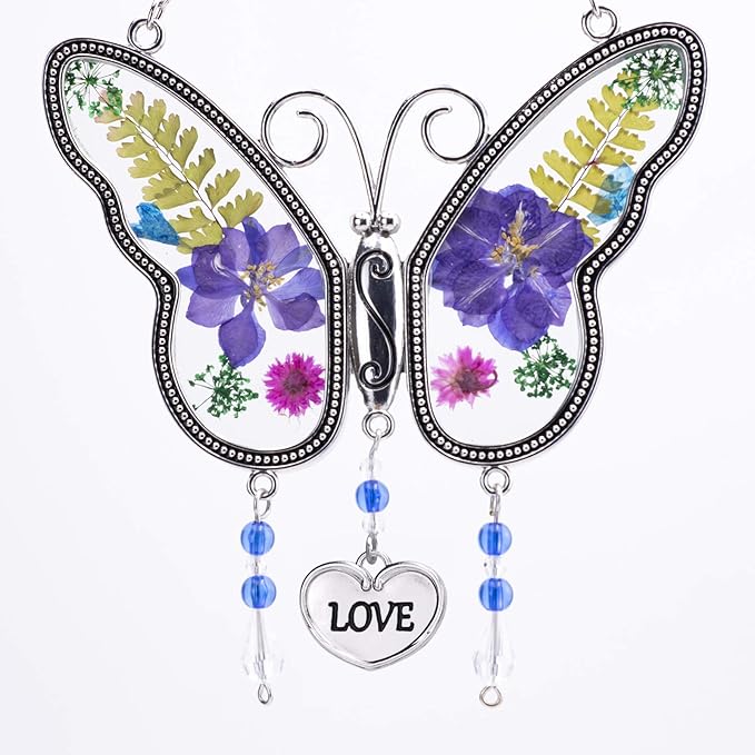 Laraine Butterfly Suncatcher with Pressed Flower Wings Mom Mother's Day Butterfly Glass Wind Chime Ornament Charm with Metal Heart Gifts for Mom Grandma Aunt Birthday (Purple Love (with Free Hook))