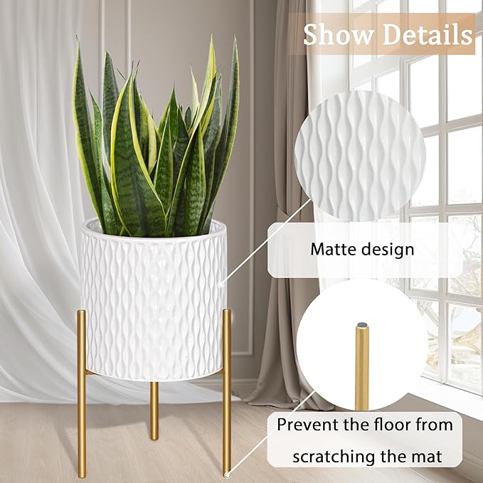ARNIS Plants Pots with Stand, Set of 2 Planters, Unique Mid Century Decorative Metal Flower Pots with Drainage, 10.5 & 12.25 Inch, White and Gold