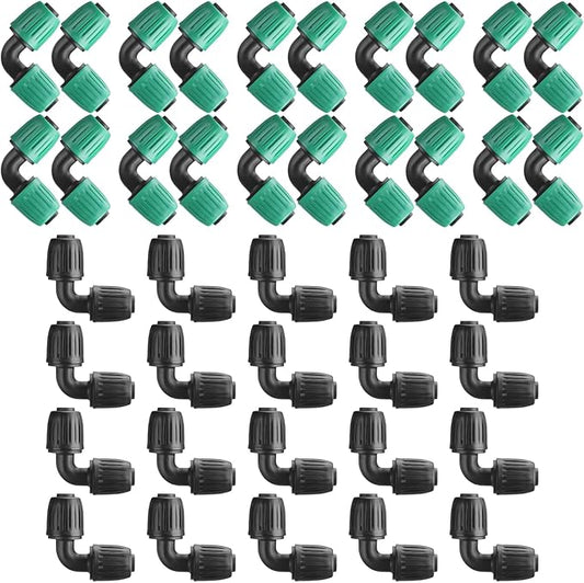 Frienda 40 Pcs 1/2 Inch Irrigation Fittings Elbow Connectors Tubing (1/2" Idx0.6-0.63" Od) 16mm Drip Tubing Barbed Drip Parts Locked Elbow Connectors for Hose, Black and Green