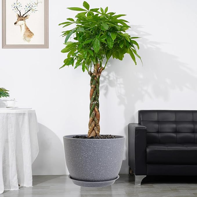 12/10/9 Large Modern Plant Pots, Plastic Planters with Drainage Holes and Saucers for Indoor Outdoor Plants Flowers, Grey Speckles