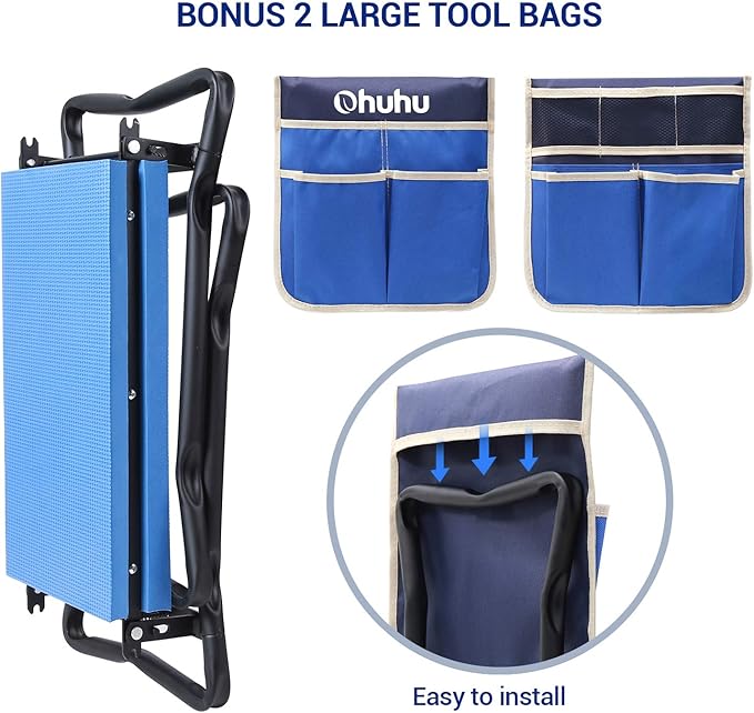 Ohuhu Garden Stool Garden Kneeler and Seat, Foldable Gardening Bench Heavy Duty with Thicker Wider Kneeling Pad 2 Large Tool Pouches Gifts for Women Men Gardener Parents Elders Friends