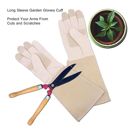 HLDD HANDLANDY Long Sleeve Leather Gardening Gloves,Rose Pruning Floral Gauntlet Garden Gloves For Women and Men (Small, Beige)