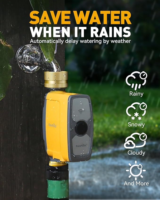 RAINPOINT WiFi Water Timer,Smart Sprinkler Timer Hose Timer,Smart Sprinkler System Valve, APP & Voice Control, Weather-Based Automatic Rain Delay, Brass Inlet & Outlet(No WiFi Hub)