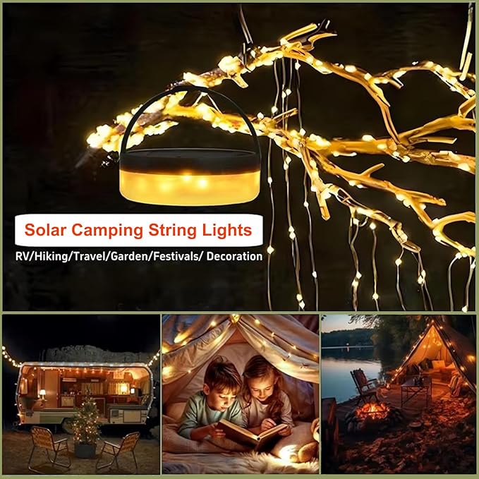 Solar Camping String Lights, 4 in 1 Remote Control Light, Outdoor Lantern Retractable Light 10 Lighting Modes, Solar Powered and USB Charging, Portable Multicolor&Warm White for Decorations