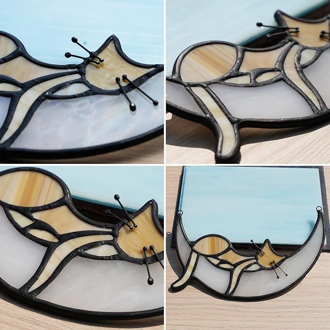 BOXCASA Sleeping Cat Stained Glass Windown Hanging,Yellow Cat on Moon Beautiful Handcrafted Sun Catcher Gifts for Daughter,Mothers Day,Christmas and Cat Lover