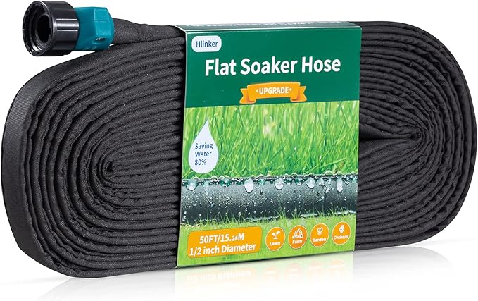 Flat Soaker Hose 50 FT for Garden Beds, 50Ft 1/2" Linkable Consistent Drip Irrigation Hose Save 80% Water, Leakproof Heavy Duty Double Layer Sprinkler Hose