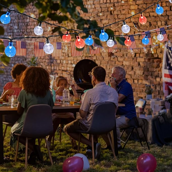 LORRYTE 2-Pack Red White and Blue Crystal Globe Solar String Lights Outdoor, 64FT 100 LED Waterproof Patriotic Lights 8 Lighting Modes for Memory Day Independence Day 4th of July Christmas