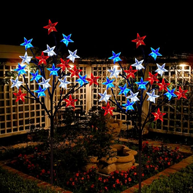 Solar 4th of July Decorations Outdoor Lights, 4-in-1 8 Modes Red White and Blue Star Stake Lights, Waterproof Solar Patriotic Decorations Outdoor for Fouth of July Memorial Day Yard Pathway Grave