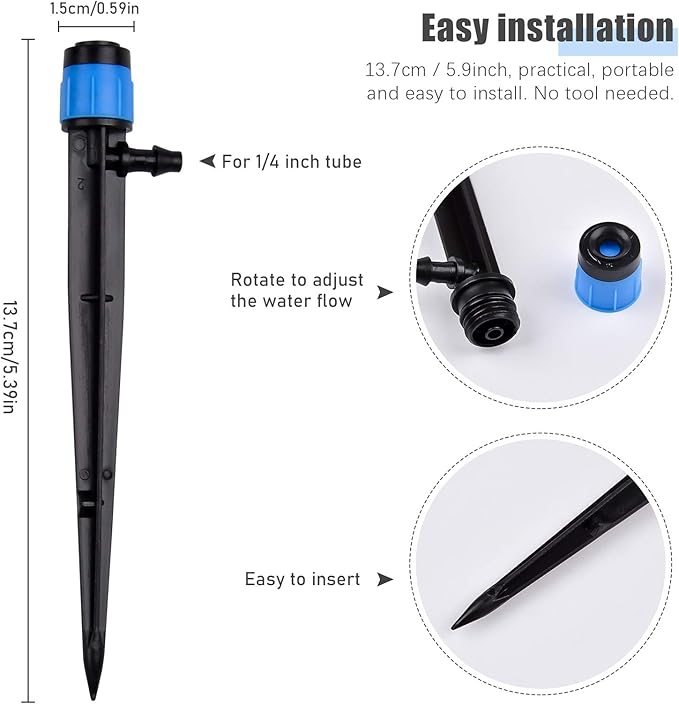 Kalolary 100PCS Irrigation Drippers Drip Emitters, Micro Spray Adjustable 360 Degree Full Circle Pattern Water Flow Bubbler Sprinkler Fits 1/4 (4-6mm) Irrigation Tubing for Garden Irrigation(Blue)