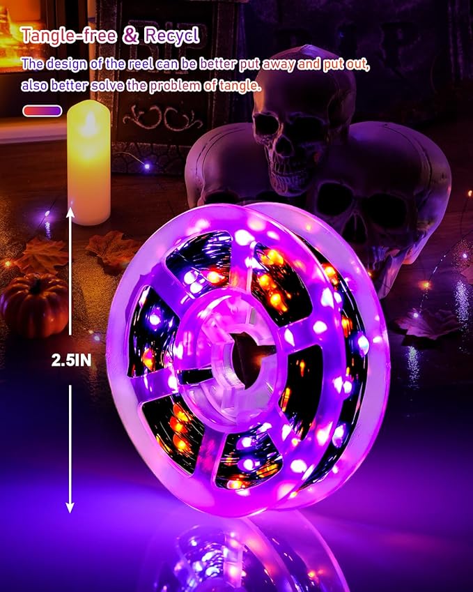 JMEXSUSS 2 Pack Solar Halloween Lights, Total 66FT 200 LED Orange and Purple Halloween Lights Outdoor Waterproof, 8 Mode Black Wire Solar String Lights for Tree Yard Spooky Party Halloween Decorations