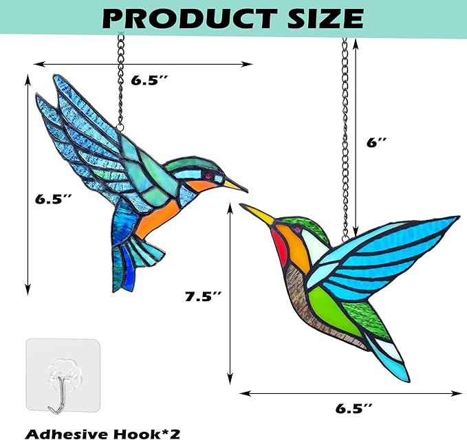 Royxen 2 Pack Hummingbird Stained Glass Window Hangings Handmade Bird Sun Catcher for Home Window